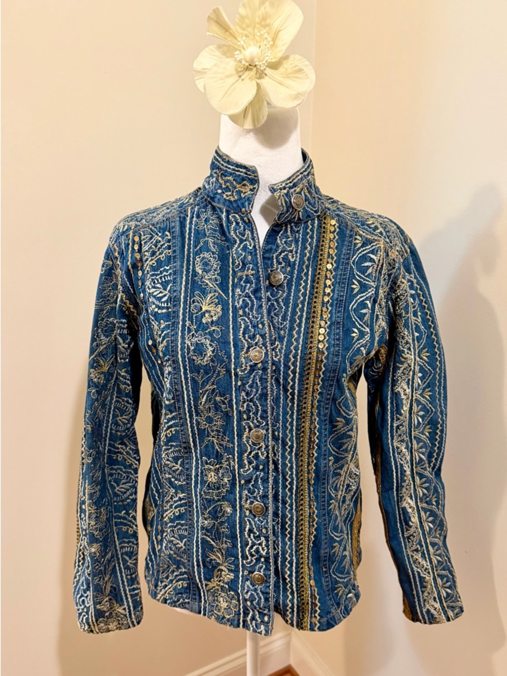 VTG Chico's Blue Denim Jacket with Silver and Gold Embroidery